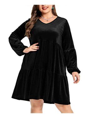 Velvet Dress Long Sleeve Loose Flowy Swing Tunic Plus Size with Pockets